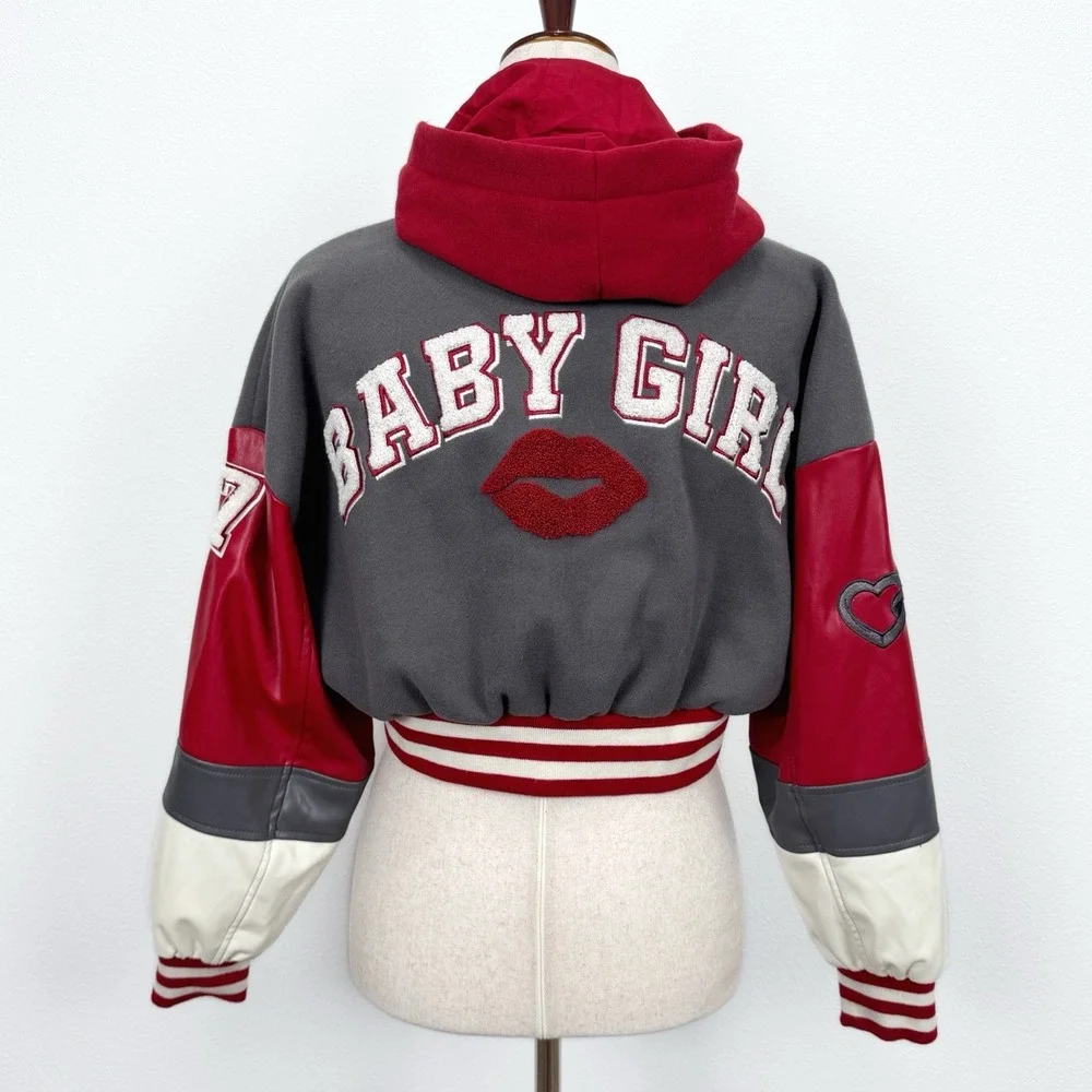 Forever 21 Varsity Jacket Womens Small Red Crop Baby Girl Y2K Bratz Streetwear - Picture 1 of 14